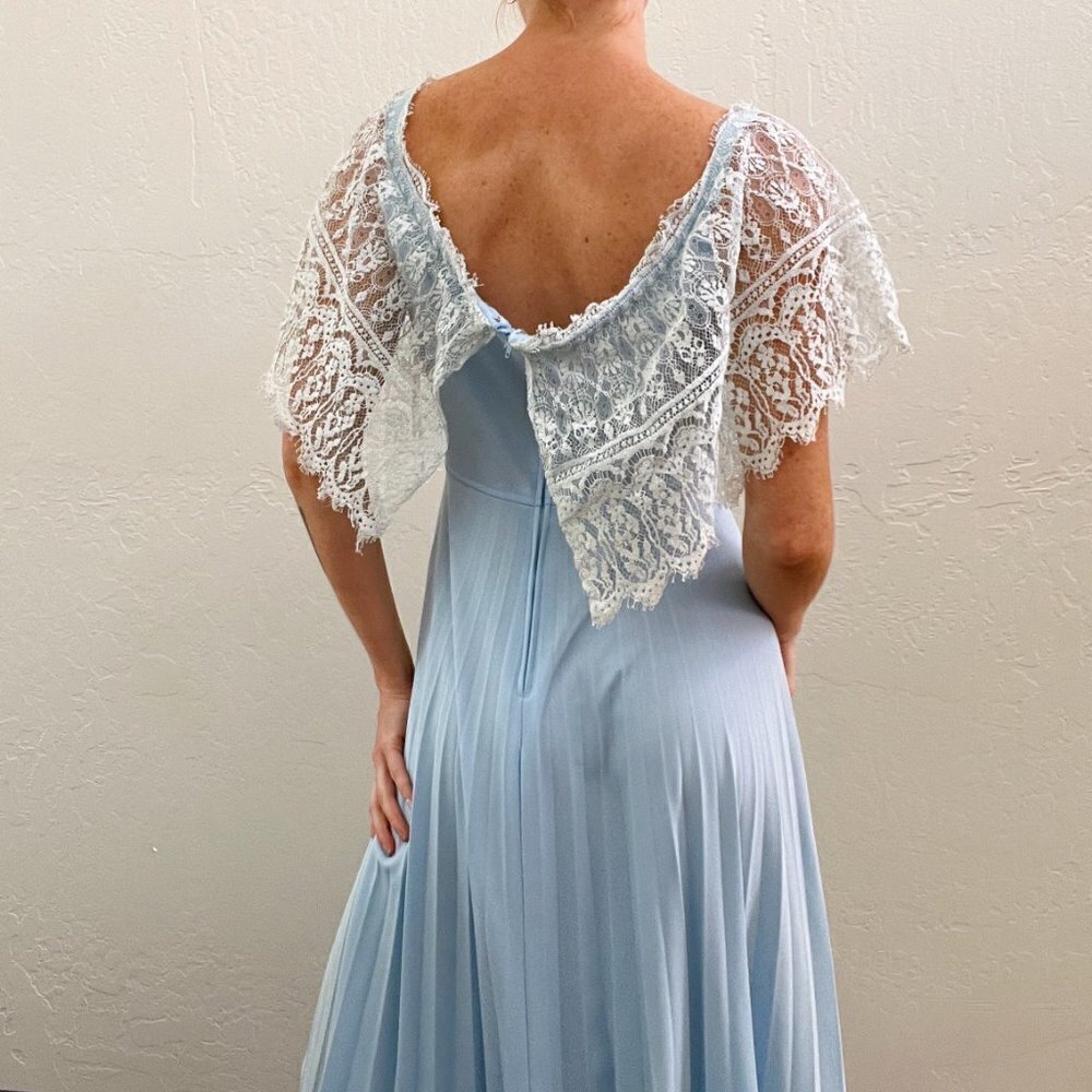 Vintage 1970's Light Blue Pleated Lace Trim Sleeveless Maxi Dress - Picture 2 of 6